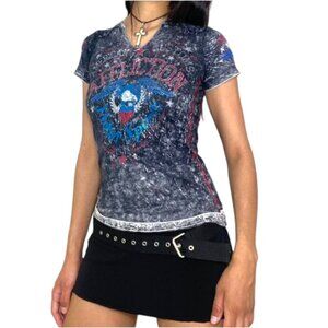 Vintage Y2K Affliction Shirt Womens Large Distressed Wings Punk Cyber Gruge Gray